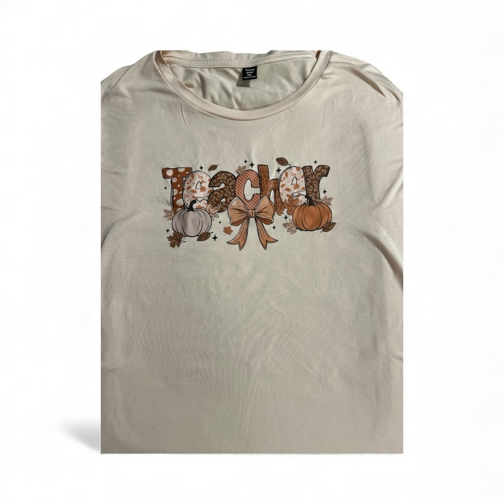 Beige Graphic Tee with Pumpkin Design